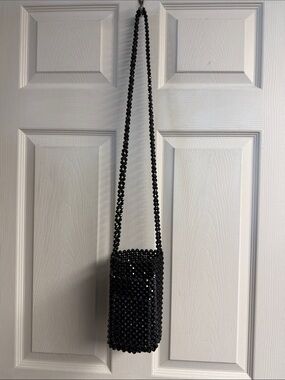 Susan Alexandra Black Beaded Crossbody Bag Rainbow Flower Mini Purse